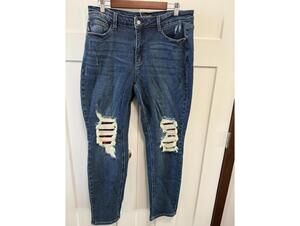 Judy Blue jeans size 32(size 14)"On the farm" plaid patch boyfriend jeans